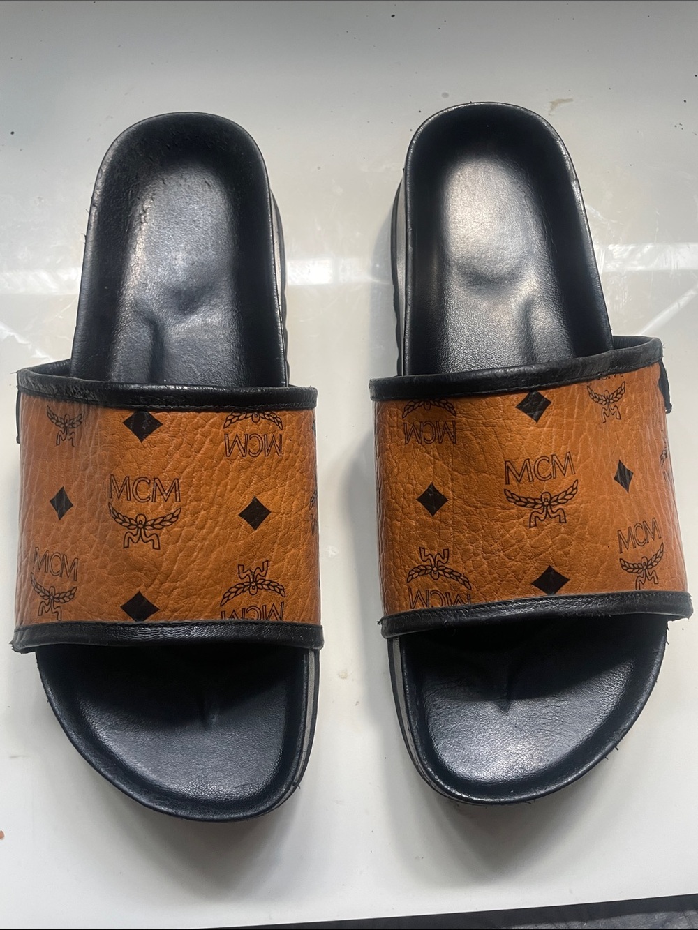 MCM Kids Cognac Monogram Slide Sandals with Black Footbed